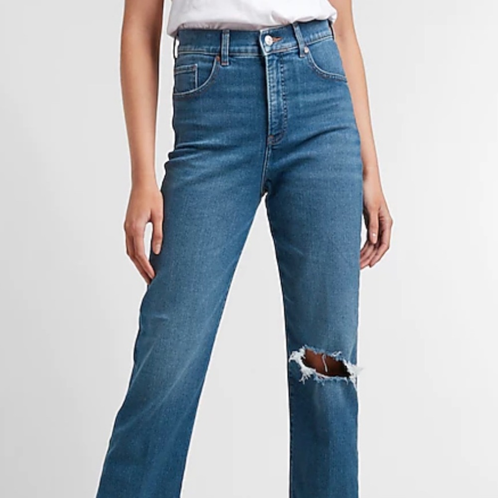 Express Super High Waisted Ripped Modern Straight Jeans